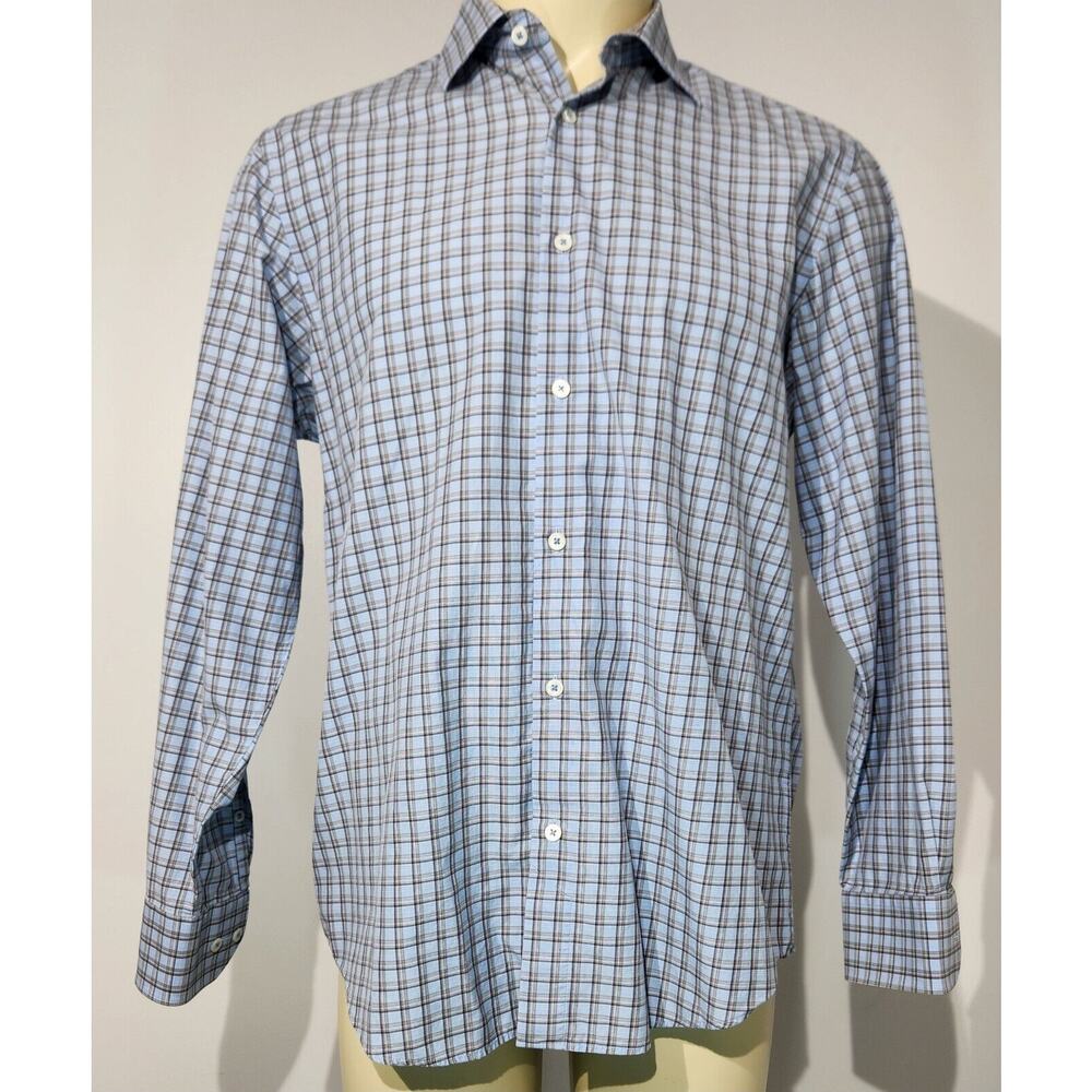 BUGATCHI Blue W/ White Men's Dress Shirt Shaped Fit Fitted Designer L